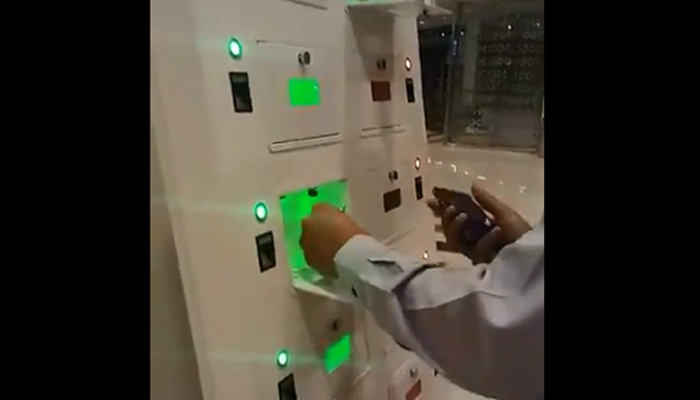 Cell phone charging station with fingerprint verification system installed at new Islamabad airport