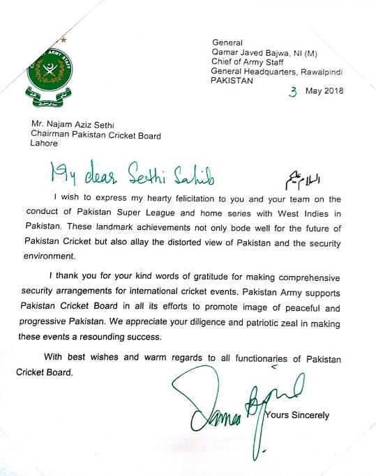Army Chief writes letter to Najam Sethi, appreciates conduct of PSL, WI series in Pakistan