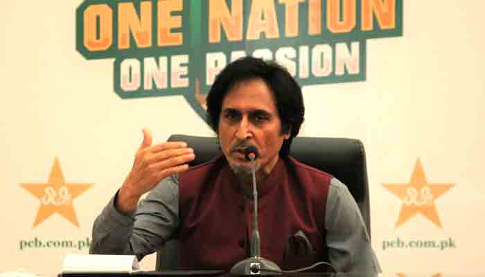 Ramiz Raja speaking at a press conference after being elected the PCB chairman.