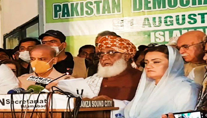 PDM chief Maulana Fazlur Rehman addresses a press conference along with other Opposition leaders.