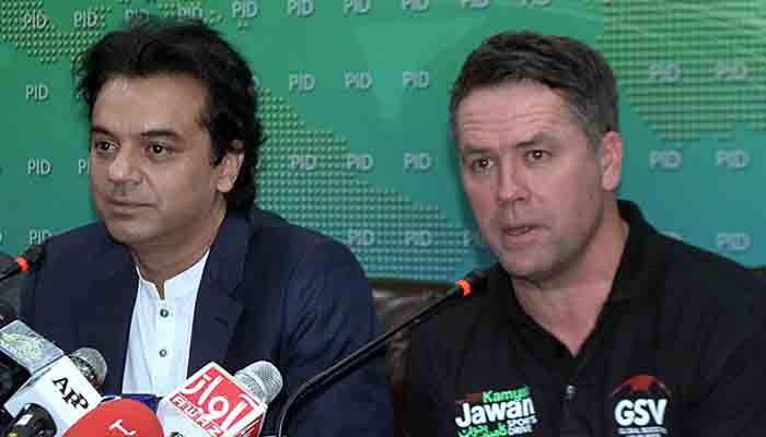 Special Adviser to the Prime Minister on Youth Affairs Usman Dar jointly addressing a press conference with former English footballer Michael Owen at PID Media Centre on January 25.  -APP