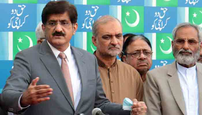 Chief Minister Sindh Syed Murad Ali Shah talking to media persons after meeting with the Jamat-e-Islami Karachi chief Hafiz Naeem-ur-Rehman at Jamat-e-Islami Secretariat. -ONLINE