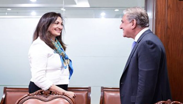 Foreign Minister Shah Mahmood Qureshi greeting Under Secretary of State for Civilian Security, Democracy, and Human Rights Uzra Zeya at the 48th Session of the Council of Foreign Ministers of the Organization of Islamic Cooperation. - Twitter