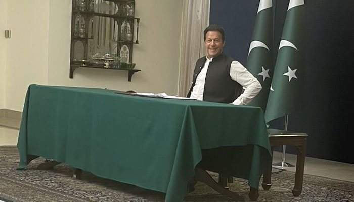 PM Imran Khan smiling before his live televised address to the nation on March 31, 2022. Twitter