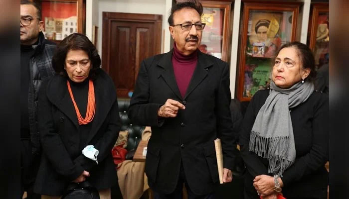 Sanam Bhutto (L) and M B Abbasi (C) at the Frontline Club, London. — Provided by the reporter