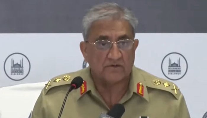 General Qamar Javed Bajwa delivering the keynote address as chief guest at the Islamabad Security Dialogue in Islamabad on April 2, 2022. Twitter