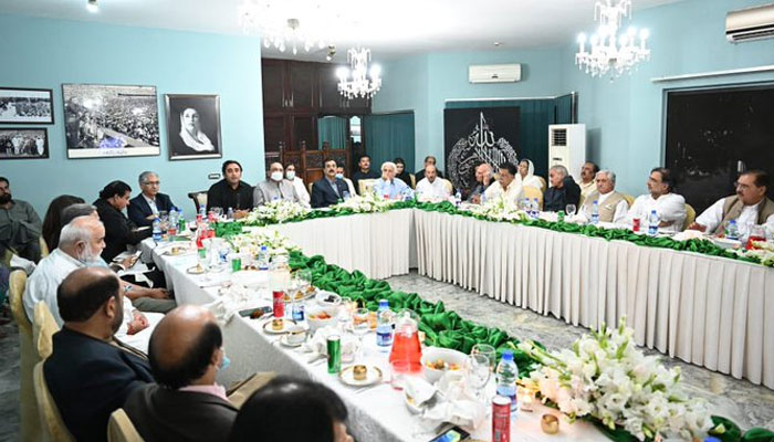 Chairman PPP Bilawal Bhutto Zardari presiding over a meeting of the PPP Central Executive Committee (CEC) at Zardari House on April 5, 2022. -- Twitter