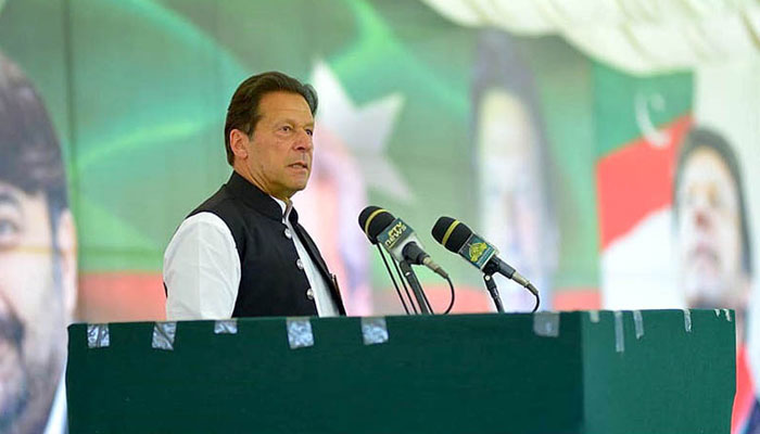 Prime Minister Imran Khan addressing a public gathering in Lahore on April 5, 2022. -- APP