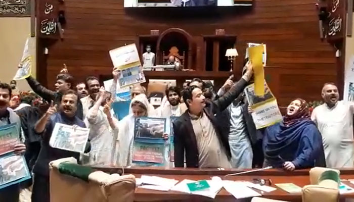 The PTI members of the Sindh Assembly protesting against foreign intervention in Pakistani politics. - Screengrab of a Twitter video.