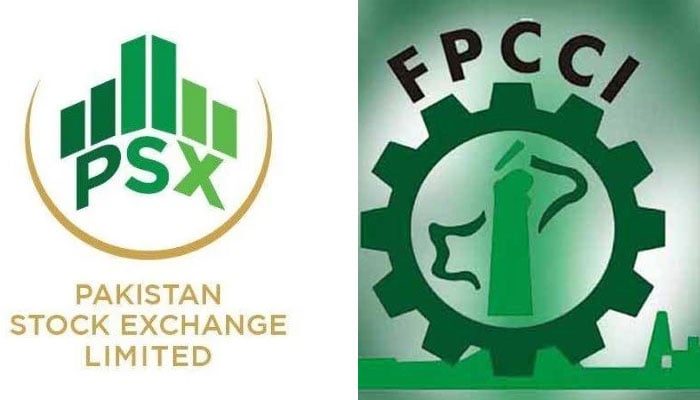 Logos of the Pakistan Stock Exchange and Federation of Pakistan Chambers of Commerce and Industry. The News/File