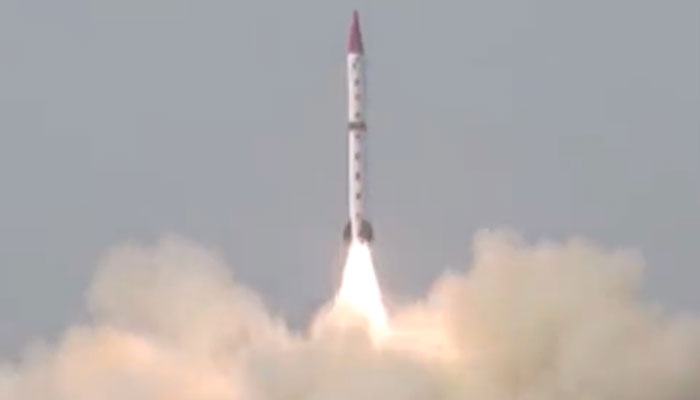 Shaheen-III surface-to-surface ballistic missile being test-fired. Photo: Twitter