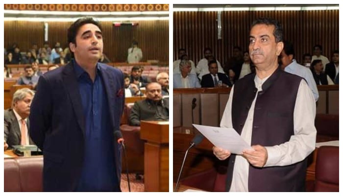 In this combo PPP Chairman Bilawal Bhutto is speaking during a NA session while PTI MNA Shakoor Shad  can be seen taking the oath.