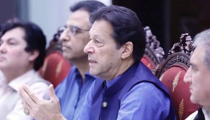 PTI Chairman Imran Khan speaks at a press conference along with Asad Umar, Shah Mahmood Qureshi and Barrister Muhammad Ali Khan Saif.