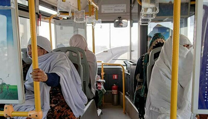 Some women pictured travelling aboard the Peshawar BRT. Photo: tnn.com.pk