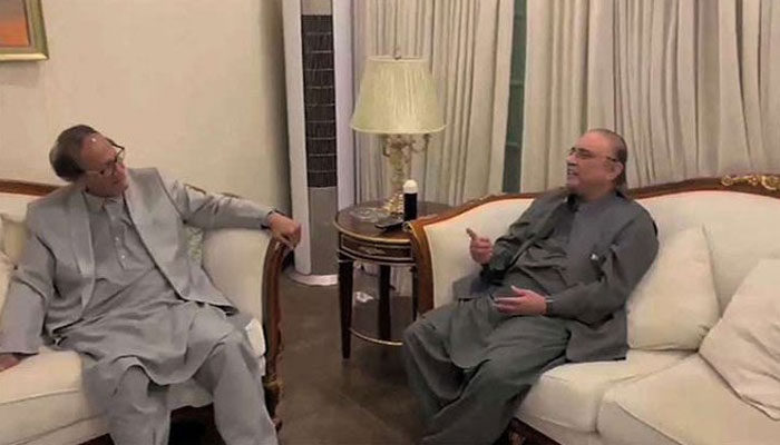 PPP leader Asif Ali Zardari called on PML-Q chief Chaudhry Shujaat on July 19, 2022. Photo: Twitter