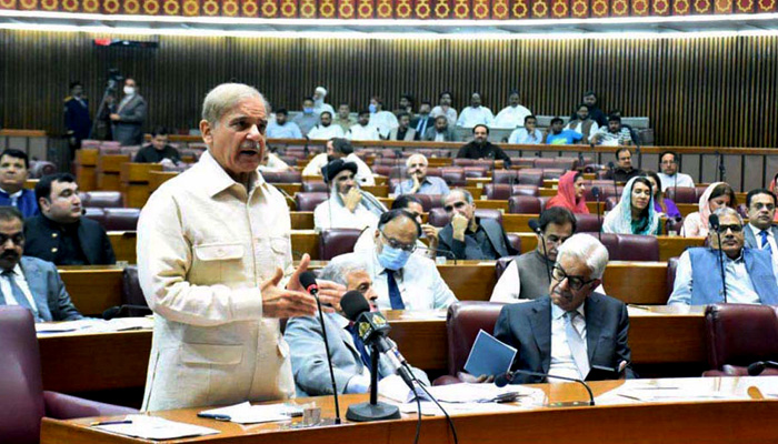 Prime Minister Shehbaz Sharif addressing National Assembly Session. -APP