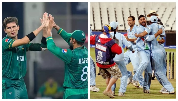 A collage of Pakistan (left) and India teams celebrating during a cricket match. — AFP