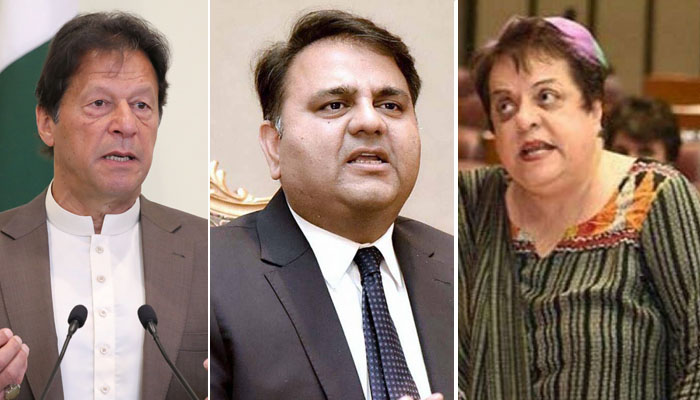 PTI chairman Imran Khan (L) Fawad Chaudhry (C) and Shireen Mazari. File Photo