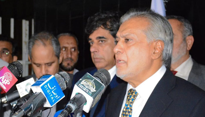 Federal Finance Minister Ishaq Dar speaking to media. —APP