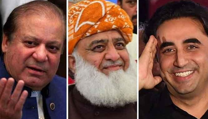 PML-N supremo Nawaz Sharif (Left), PDM President Fazlur Rehman (Centre) and Chairman PPP Bilawal Bhutto-Zardari. The News/File