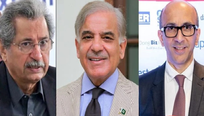 PTI leader Shafqat Mahmood (from left to right), Prime Minister Shehbaz Sharif and PTIs Aneel Mussarat. — Provided by our correspondent