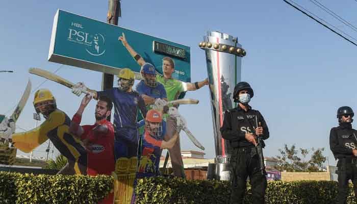 Sindh polices Special Security Unit personnel stand guard outside Karachi Stadium during a PSL match. — AFP/File