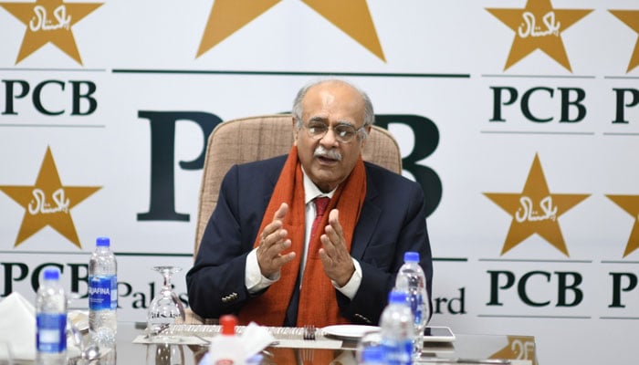 Chairman Najam Sethi talking to the media on December 26, 2022.  Twitter/PCB