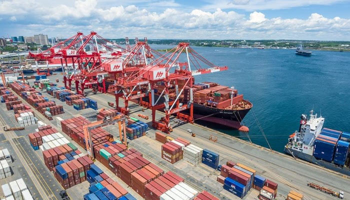 An aerial image of goods containers placed at a dock on Karachi port. — AFP