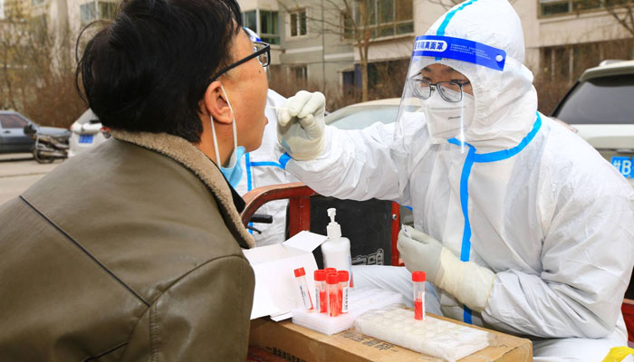 A COVID-19 testing site in Jiayuguan, in Chinas northwestern Gansu province. AFP/File