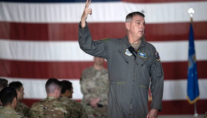 Gen. Mike Minihan, Air Mobility Command commander, speaks to Team Dover Airmen during an all call at Dover AFB, Delaware, May 5, 2022. — AFP