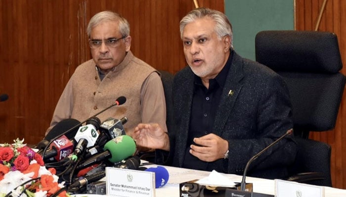 Minister for Finance Ishaq Dar addressing a news conference in Islamabad on March 3, 2023. PID