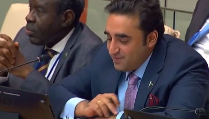 FM Bilawal chairing the Conference on “Women in Islam in New York on March 8, 2023. Screengrab of a Twitter video.