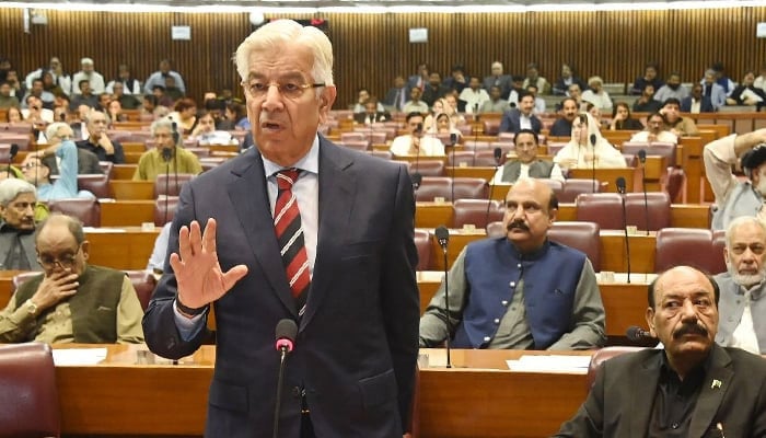 Federal Minister for Defence Khawaja Asif addresses the National Assembly on April 13, 2023. — Twitter/NAofPakistan