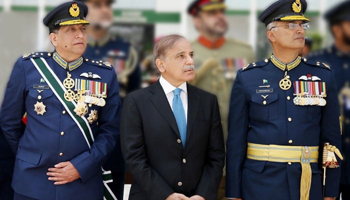 PM Shehbaz, Air Chief Marshal Zaheer Ahmed Baber Sidhu witnessing the aerobatics display performed by Team Sherdils at the Graduation Ceremony held at PAF Academy Asghar Khan on April 27, 2023. PID