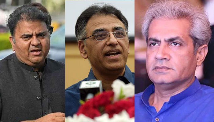 PTI Senior Vice President Fawad Chaudhry, PTI Secretary General Asad Umar and Omar Sarfraz Cheema.—AFP/file