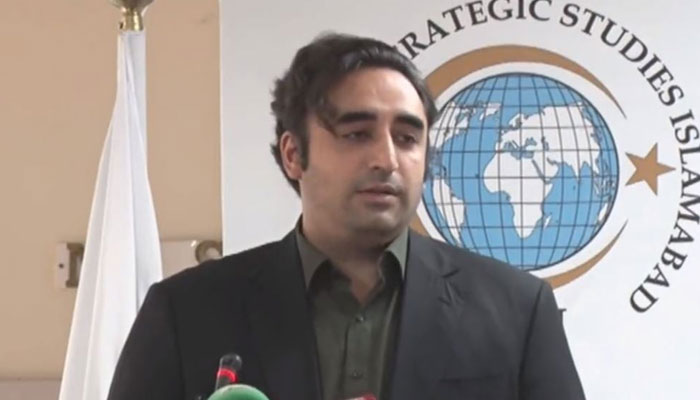 Foreign Minister Bilawal speaking at the 50th Foundation Day of the Institute of Strategic Studies Islamabad (ISSI) in Islamabad on June 16, 2023. Screengrab of a YouTube video.