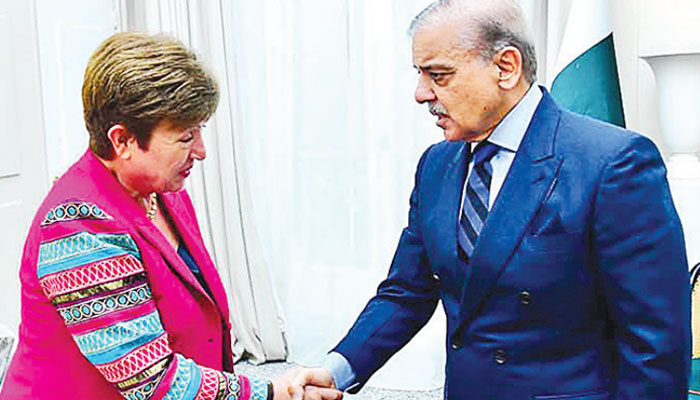 Prime Minister of Pakistan Shehebaz Sharif with IMF Managing Director Kristalina Georgieva in Paris on June 22, 2023.—The News