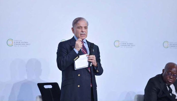 Prime Minister Muhammad Shehbaz Sharif addresses the round table discussion Innovating with instruments and financing to address new vulnerabilities at Summit for New Global Financing Pact being held in Paris. APP FILE