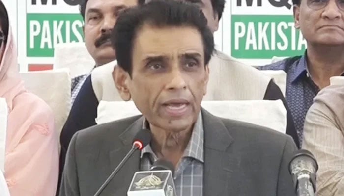 MQM-P Convener Dr Khalid Maqbool Siddiqui addressing a press conference in Karachi, on July 17, 2023, in this still taken from a video. — YouTube/GeoNews