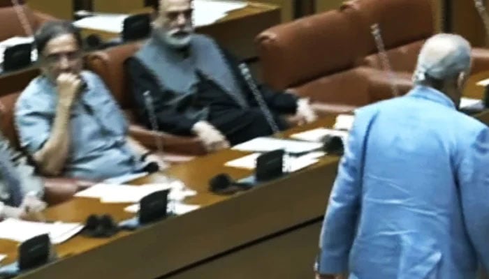 PPPs Raza Rabbani walks out in protest during a Senate session, on July 27, 2023, in this still taken from a video. — YouTube/PTVParliament