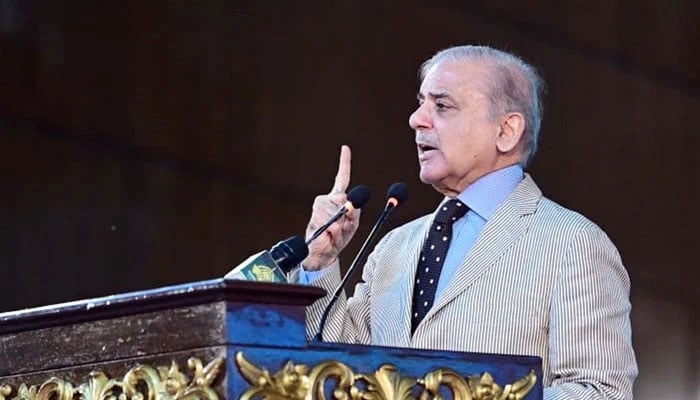 Prime Minister Shehbaz Sharif addresses the launching ceremony of the National Programme for Solarisation of Agricultural Tubewells in Islamabad on August 8, 2023. — PID