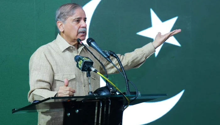 Prime Minister Muhammad Shehbaz Sharif addressing a ceremony to inaugurate Barakahu Bypass in Islamabad on August 3, 2023. — PMs Office