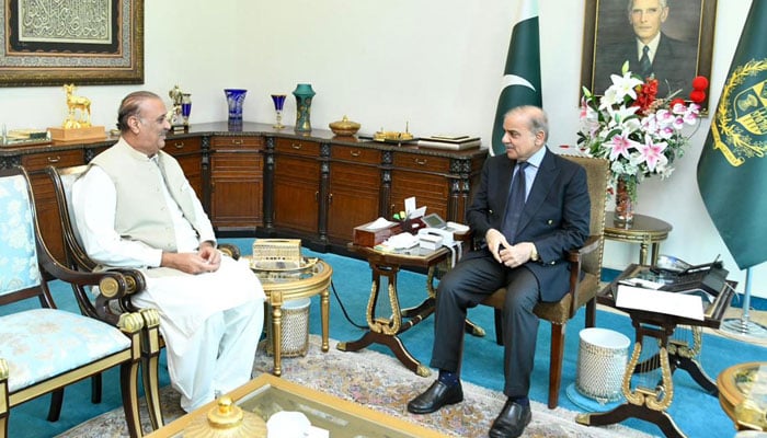 the Leader of the Opposition, Raja Riaz calls on Prime Minister Muhammad Shehbaz Sharif for first round of consultations on the name of caretaker prime minister on August 10, 2023. PID