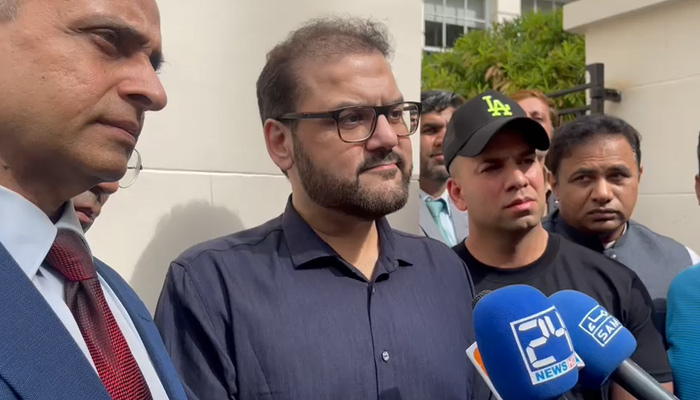 Former Prime Minister Nawaz Sharif’s eldest son Hussain Nawaz Sharif speaks to media in London in this still taken from a video. — by reporter