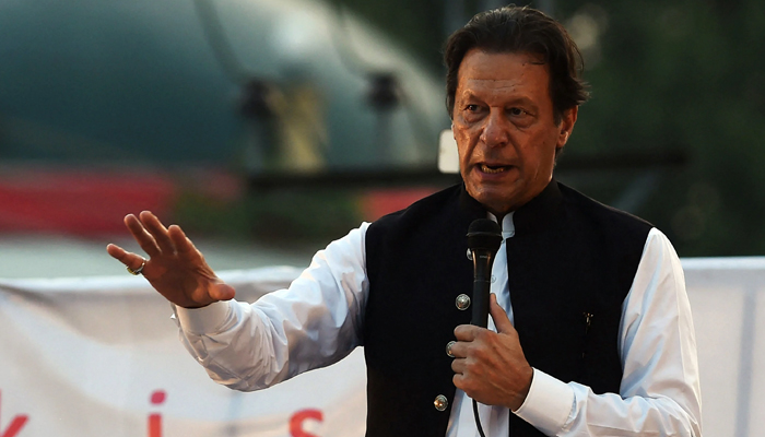 The former prime minister and Chairman Tehreek-e-Insaf (PTI) Imran Khan while addressing a crowd. — AFP/File