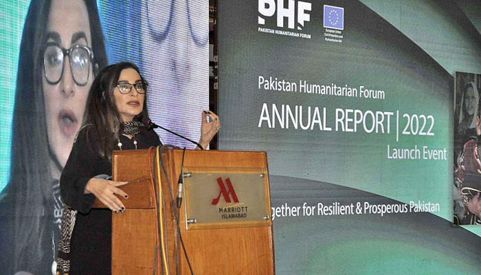 Senator Sherry Rehman, addressing during the launching ceremony of Pakistan Humanitarian Forum (PHF) Annual Report-2022 on July 19, 2023. — APP