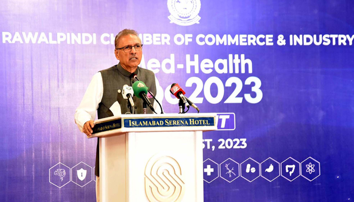 President Dr Arif Alvi addressing the inaugural session of MED-Health Expo and Summit 2023, in Islamabad on Wednesday, August 16, 2023. — PPI