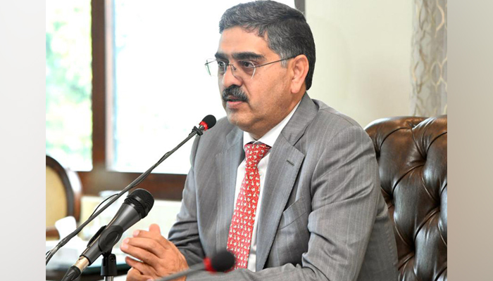 Caretaker Prime Minister Anwaar-ul-Haq Kakar while giving remarks in a meeting with a delegation of Harvard University Students, in Islamabad on August 26, 2023. — Online