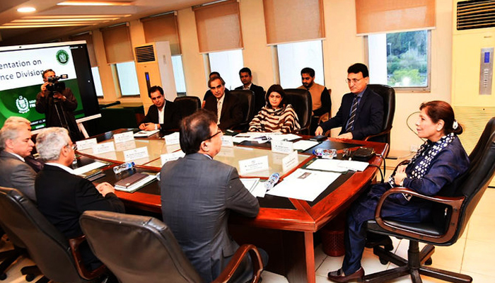 Former Pakistan central bank chief Dr Shamshad Akhtar (right) gestures at a briefing session in the Ministry of Finance as she assumes charge of caretaker finance minister in Islamabad on August 17, 2023. — AFP