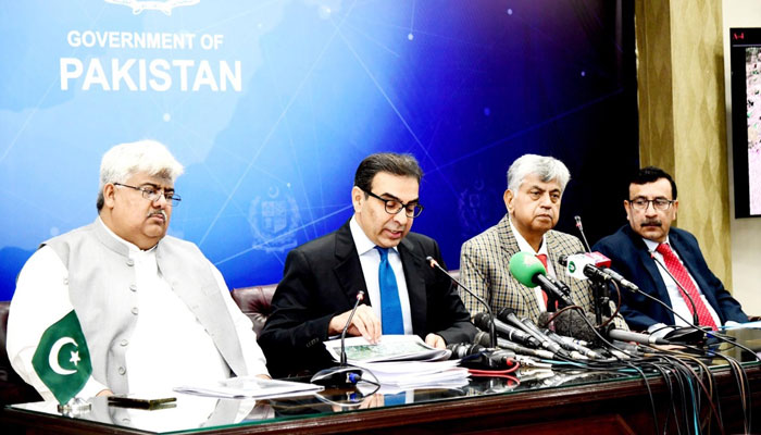 Caretaker Power Minister Muhammad Ali and Information Minister Murtaza Solangi addressing a press conference in Islamabad on September 6, 2023. PID